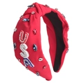 Red knotted fabric headband featuring colorful rhinestones and USA letter bead patterns - 11# Red (USA Letter Embroidery)