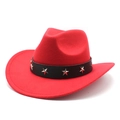 Close-up of red wool cowboy hat with black leather band and silver star studs - M(56-58cm) / Red