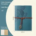 A7 lake blue faux leather journal with leaf embossing and vintage metal charm - Lined / Lake Blue / A7