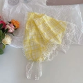 French style yellow and white plaid triangle head scarf with delicate lace edging - Geometric Blue / Yellow