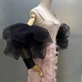 Detail view of black sheer tulle bubble sleeves with polka dots for wedding dress - ST189 Black Long Puff Sleeves