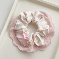 Pink lace hair scrunchie with colorful bear pattern fabric and sweet ribbon bow - Pink Lace Bear