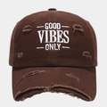 Detailed view of the Good Vibes Only embroidery and distressed brim on the brown cap - Adjustable / Coffee