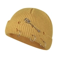 Mustard yellow knit beanie with grunge distressing and silver ring pin accents - 55-58cm / Yellow