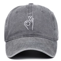 Front view of a grey washed baseball cap with white OK gesture embroidery on crown - Adjustable / Gray