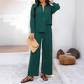 Set due pezzi da donna verde scuro con camicia testurizzata e pantaloni larghi - S / Verde