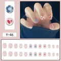 Uñas postizas rosas Y-46 con flores azules y corazones rojos, set de 24 piezas - Y-46 Flor Azul Corazón Rojo