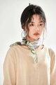 Model wearing a vintage floral cotton linen neck scarf in green and purple floral patterns - Light Green Stripes