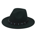 Detail of black wool fedora featuring blue gemstone accents and silver metal studs - Dark Green
