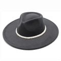 Close-up of elegant black wool fedora featuring white pearl trim around the wide brim - M(56-58cm) / Dark Gray