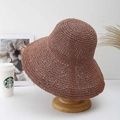 Handmade crochet straw sun hat in soft dusty pink with elegant wide brim design - M (56-58cm) / Brown