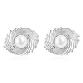 Elegant silver square vortex earrings with white pearls and luxury striped texture - Steel Spiral Stud Earrings with White Faux Pearl (MS-525)