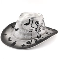 Halloween Filz Cowboyhut mit Skelett- und Fledermausdruck und Happy Halloween Text - M (56-58cm) / Totenkopf-Druck (Grauweiß)