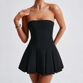 Elegant strapless black pleated mini cocktail dress for women with corset bodice style - S / Black