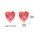 Detail of red heart zircon stud earrings with gold plating and dimension specs - Earrings-Red