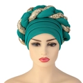 Detailed close-up of emerald green sequins and braided texture on the fashion turban - Peacock Blue
