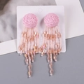 Pink raffia woven earring with champagne beaded tassels and iridescent faceted charms - Pink Beaded Tassel Long Drop Earrings