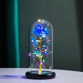 Blue gold foil rose in glass dome with LED string lights on black base for gift decor - Blue Rose (Colorful Light) + Pink Gift Box
