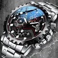 Men's silver steel chronograph watch with black dial and red accents under water drops - Silver Steel Black Face