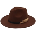 Detail of a brown wide-brim fedora hat featuring a striking gold leaf metal accessory - M(56-58cm) / Coffee (Golden Leaf)