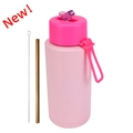 Pink 1L stainless steel water bottle with folding spout, straw and cleaning brush set - 1 L / Pop-up Straw Lid / Fluorescent Rose + Light Pink