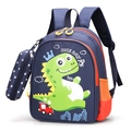 Blue dinosaur cartoon backpack for kids with green crown print and side mesh pocket - Deep Blue Dinosaur