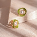 Vintage gold stud earrings with green rhinestones and a central white pearl - Irregular Spiral Pearl Style / 1# Silver Earring Post - Green Surround Rhinestone Studs