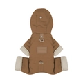 Brown waterproof hooded pet winter jumpsuit with D-ring leash attachment and stripe lining - S / Dark Brown