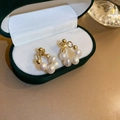 French vintage round pearl earrings with gold metal in green velvet jewelry box - Pearl Circular Style (17#)