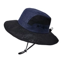 Dark blue wide brim sun hat with geometric patterns and breathable mesh vents - Two-Tone (Black and Cyan)