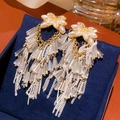 Gold-plated bow pearl earrings with long elegant tassels on blue velvet box - 49# White Pearl Butterfly Glass Tassel Studs