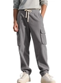 Men's grey corduroy cargo pants with elastic drawstring waist and side flap pockets - Gray
