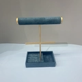 Teal velvet jewelry display stand with golden metal T-bar and ring holder base - Square Jewelry Box (Blue)