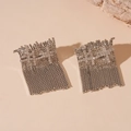 Close-up of zircon-encrusted silver tassel earrings with a luxurious cross-wide design - Cross Tassel Studs (WE1630) / Silver