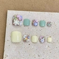 Handmade mint and yellow press-on toenails with 3D floral designs and glitter - Small S (Thumb 17mm/Index 10mm/Mid 9mm/Ring 8mm/Pinky 7mm) / Toenail Style B63