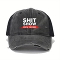 Distressed wash black baseball cap featuring a mesh back and SHIT SHOW slogan print - One Size / Black