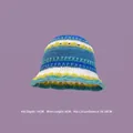 Handmade crochet bucket hat with blue, white, and lime green stripes on purple background - M (56-58cm) / Contrast Knit Blue White Green