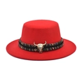 Flat top red wool felt hat featuring ethnic woven band and vintage metal bull head accent - M (56-58cm) / Red