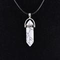 White turquoise hexagonal column pendant necklace with black mesh patterns and black cord - Howlite