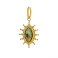 Close-up of golden sunburst pendant featuring an oval green natural stone inlay - Gold + Green (WP36892BQ6)