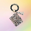 Silicone bead keychain bracelet with brown leopard print leather card holder and tassel - Yellow Leopard