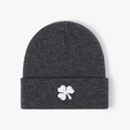 Casual charcoal grey beanie hat with white clover embroidery for winter warmth - One Size / Embroidered White Clover / Dark Gray