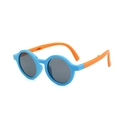 Foldable kids sunglasses with sky blue frames and orange temples in retro round style - Blue Frame Orange Legs