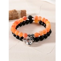 Magnetic couple bracelets with matte black and orange beads and heart-shaped silver charm - Orange-Red Cracked Bead & Black Matte - Magnetic Heart