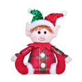 Detailed close-up of a Christmas elf plush with red and green sequins and plaid fabric - Red Grid