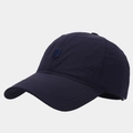 Detail of navy blue quick-dry baseball cap with embroidered shield logo and neat stitching - Adjustable / Navy Blue