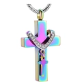 Rainbow stainless steel double cross cremation urn necklace with sparkling crystals - Colorful