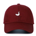 Close-up of white duck embroidery on burgundy cotton twill baseball cap with curved brim - Adjustable / Burgundy