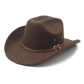 Classic dark brown felt western cowboy hat with leather band and metal buckle for men and women - M (56-58cm) / Brown