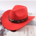 Rode westerse cowboyhoed van wolvilt met bruine leren band en zilveren stierkopversiering - Eén maat 57-58cm / Lederen Band met Koeienschedel Stijl / Rood